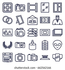 Frame Icons Set. Set Of 25 Frame Outline Icons Such As Shutter Blinds, Window, Photos, Diaper, Security Guy, Blinds, Camera, Camera Lense, Photo, Wire Fence, Alien Head