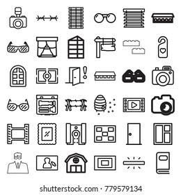 Frame icons. set of 36 editable outline frame icons such as window, door, barn, movie tape, direction board, honeycomb, heart tag, camera, photo album, camera focus, photo