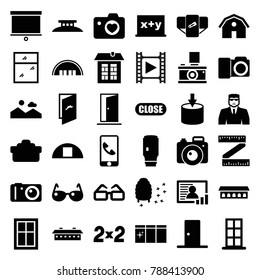 Frame icons. set of 36 editable filled frame icons such as barn, door, window, diaper, security guy, blackboard x+y, honeycomb, entrance, cargo barn, heart with camera, camera