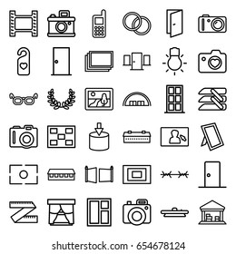 Frame icons set. set of 36 frame outline icons such as camera, barn, door, photos, window, phone, cargo barn, heart with camera, heart tag, blinds, photo, gate, wire fence