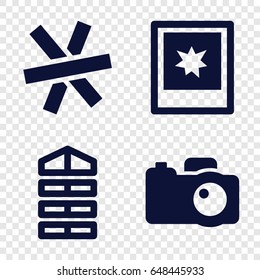 Frame icons set. set of 4 frame filled icons such as shutter blinds, photo, camera