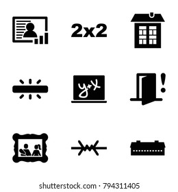 Frame icons. set of 9 editable filled frame icons such as barn, blackboard, camera, photo, door warning, wire fence, window, blackboard x+y