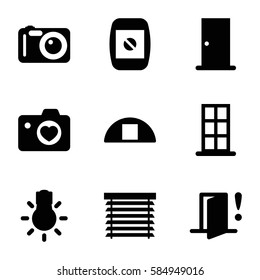 frame icons set. Set of 9 frame filled icons such as door, cargo barn, heart with camera, camera display, window shutter