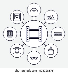 Frame icons set. set of 9 frame outline icons such as barn, photo, camera, camera lense, glasses, entrance, family photo