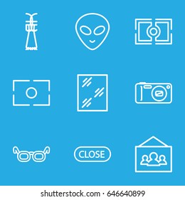 Frame icons set. set of 9 frame outline icons such as window, camera, camera focus, photo, close, shuttlecock, alien head