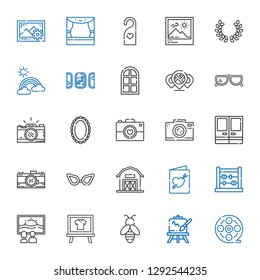 frame icons set. Collection of frame with film reel, easel, bee, board, canvas, abacus, wedding invitation, barn, glasses, photo camera, doors. Editable and scalable frame icons.