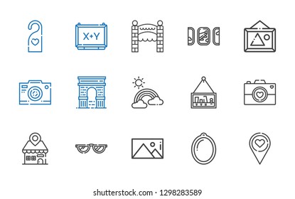 frame icons set. Collection of frame with placeholder, window, picture, glasses, camera, rainbow, arc, photo camera, pictures, windows, entrance. Editable and scalable frame icons.