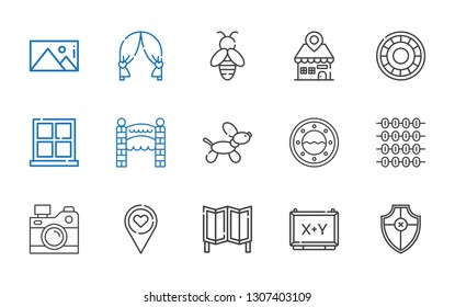 frame icons set. Collection of frame with shield, board, room divider, placeholder, camera, abacus, window, dog, entrance, bee, wedding arch. Editable and scalable frame icons.