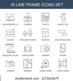 frame icons. Trendy 16 frame icons. Contain icons such as blackboard x y, camera, photo, heart tag, blinds, son and father, window, building block. frame icon for web and mobile.