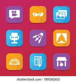 Frame icons. vector collection filled frame icons set.. includes symbols such as storage, hangar, window, curtain, chair, video, sunglasses. use for web, mobile and ui design.