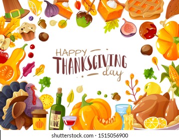 Frame illustration cartoon style on the theme of thanksgiving and harvest festival traditional family holiday icons isolated items