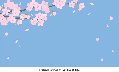 Frame illustration of cherry blossoms and falling snowflakes.