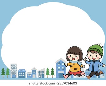 Frame illustration of children running through the city in winter