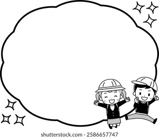 Frame illustration of children smiling and jumping and speech bubbles