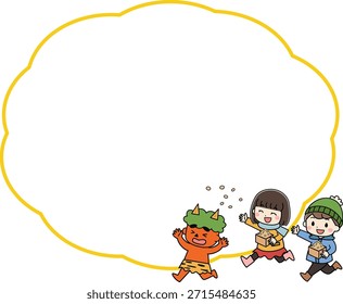 Ilustración de marco de niños arrojando frijoles a los demonios durante Setsubun