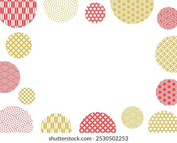 Frame illustration of circles with various traditional Japanese patterns in gold and red