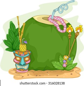 Frame Illustration of a Coconut Drink with a Tiki Glass Beside It