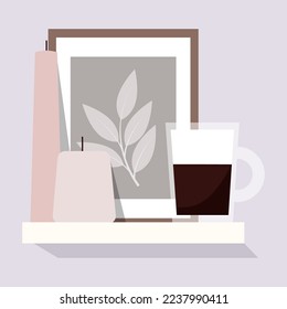 Frame with illustration, coffee and cozy candles