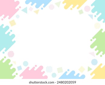Frame illustration of colorful wavy lines rising to the right and circles, triangles and squares with dots and stripes