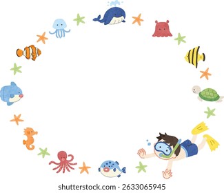 Frame illustration of cute sea creatures and one child in a swimsuit