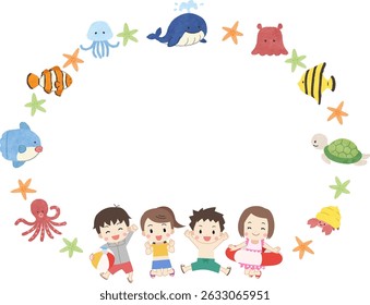 Frame illustration of cute sea creatures and kids in swimsuits