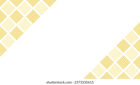 Frame illustration of decorating the top left and bottom right, where golden diamond shaped tiles with various traditional Japanese patterns are lined up in a grid pattern