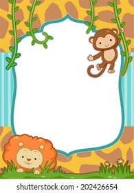 Frame Illustration Featuring a Cute Lion and a Monkey