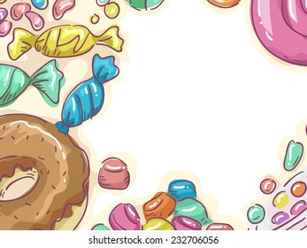 Ilustración de cuadro con una variedad de caramelos y otros dulces