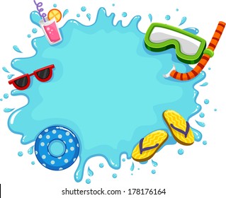 Frame Illustration Featuring Water Splashing on the Screen Along with Common Items Used During the Summer