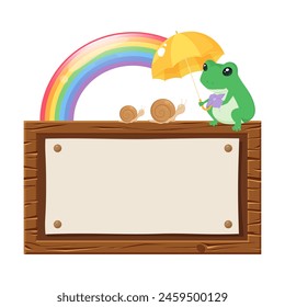 Frame illustration of a frog holding an umbrella and a tree with a rainbow