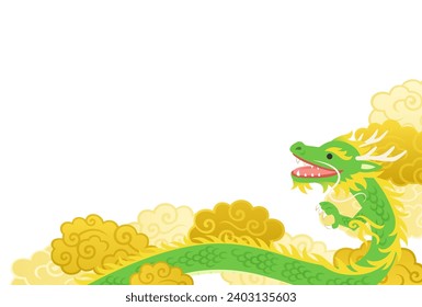 Frame illustration of a green long dragon looking up from the bottom right on golden clouds