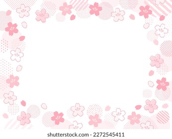 Frame illustration of hand drawn style pink cherry blossoms and petals, dotted and striped circles