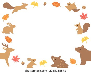 Frame illustration of hand drawn style forest animals and autumn leaves