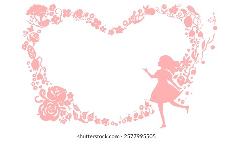 Frame illustration of a heart-shaped silhouette. Cute picture frame with a girl, flowers and animals.