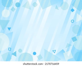 Frame illustration of light blue diagonal stripes background with dots and striped circle, triangle and square icons