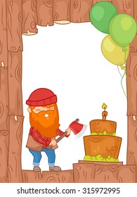 Frame Illustration of a Lumberjack About to Chop the Cake with an Axe