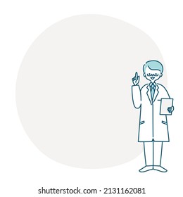 Frame illustration of a man in a white coat sticking her finger in the air