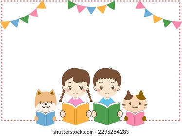 Frame illustration material of children and animals reading books