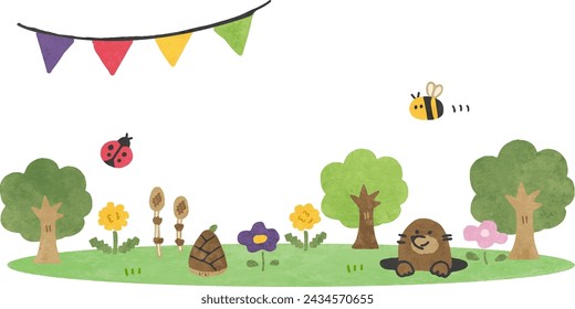 Frame illustration material of cute creatures playing in the spring forest