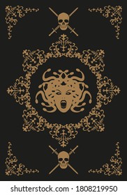 Frame illustration ornamental background with terrifying symbols. Medusa and skulls. Mythology. Halloween party concept