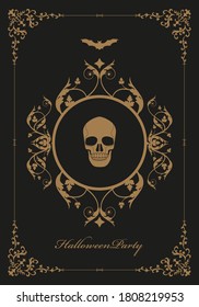 Frame illustration ornamental background with terrifying symbols. Skulls and vampires bat. Halloween party concept