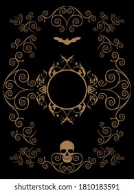 Frame illustration ornamental background with terrifying symbols. Skulls and vampires. 