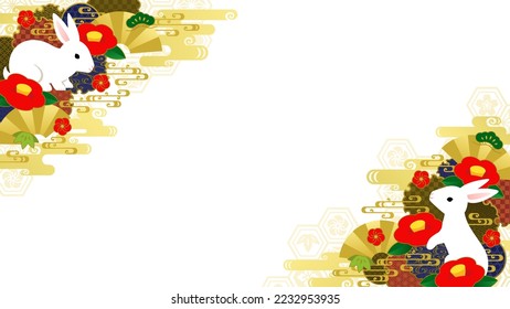 Frame illustration of a pair of white rabbits with Japanese style decorations