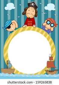 Frame Illustration of Pirates Holding a Circular Frame Flanked by Pirate Ships