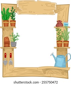Frame Illustration of Plants and Gardening Materials Lined Up on a Shelf