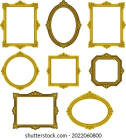 Frame illustration set of European style picture frames in various shapes with calligraphy line decorations (gold and brown)