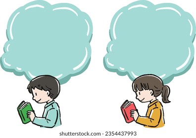 Frame illustration set of man and woman reading book Profile bust up