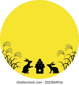 A frame illustration with silhouettes of rabbits looking up, offering dumplings and  Japanese pampas grass in the full moon