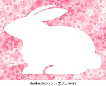 Frame illustration of a sitting rabbit silhouette on the Japanese style pink cherry blossoms background