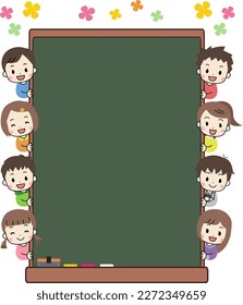 Frame illustration of a smiling child peeking from the blackboard